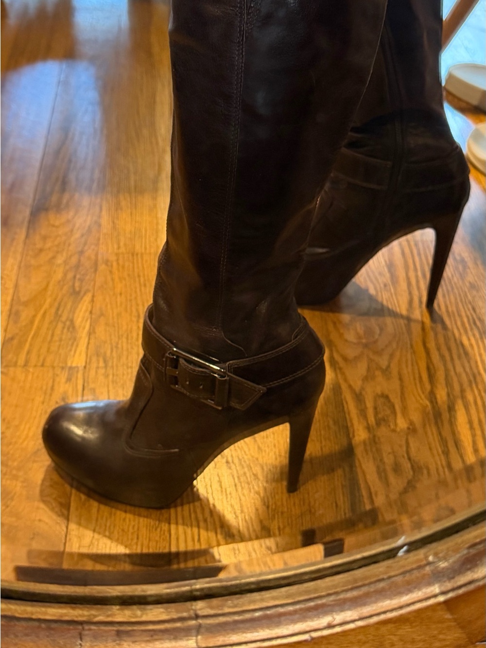 L.A.M.B. Brown Leather Knee-High Stiletto Boots with Buckle Strap Detail